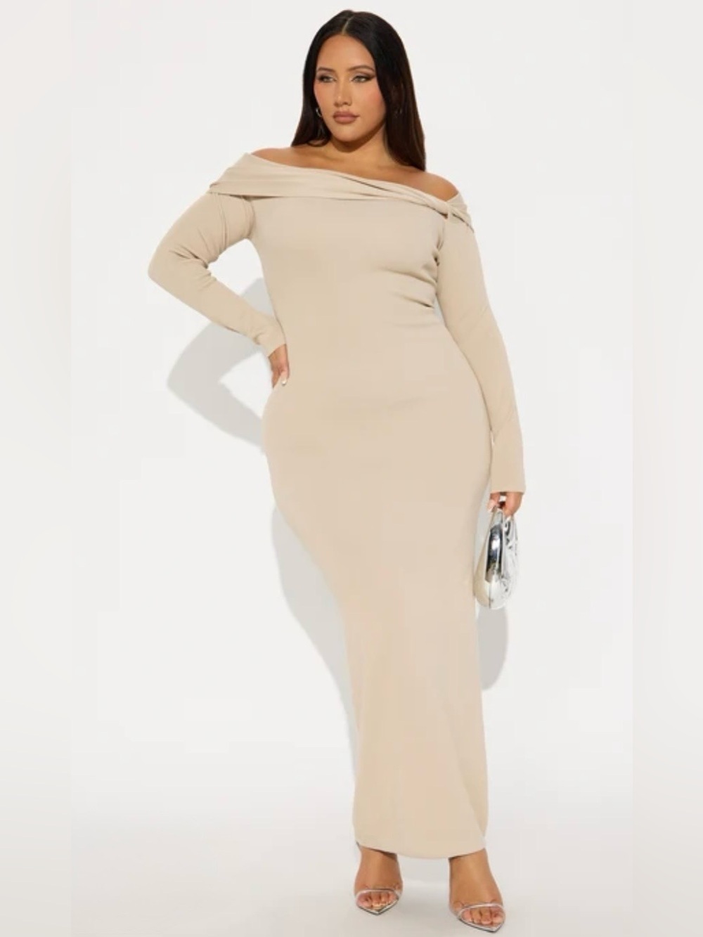 Fashion Nova Taupe One-Shoulder Knot Maxi Dress